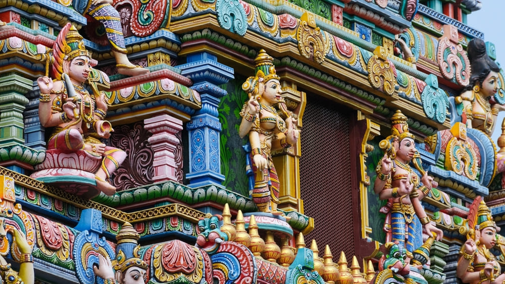 Close details of Hindu architecture at Sri Maha Mariamman Temple