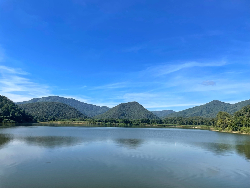 View of mountain and water at Saritphong Dam, Sukhothai