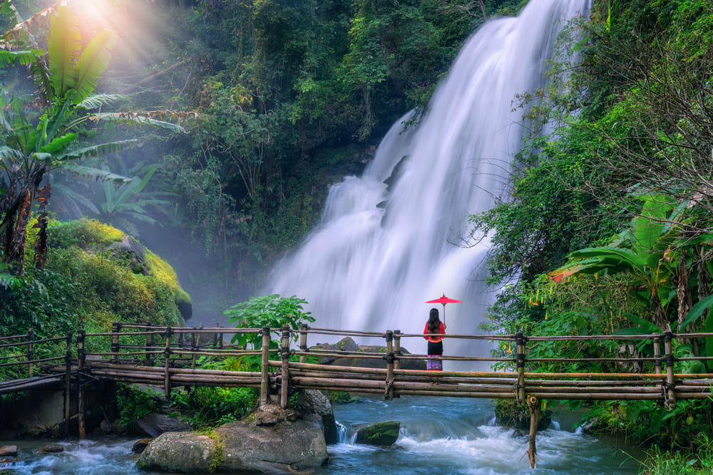 Wooden bridge in front of Pha Dok Siew Waterfall in Doi Inthanon