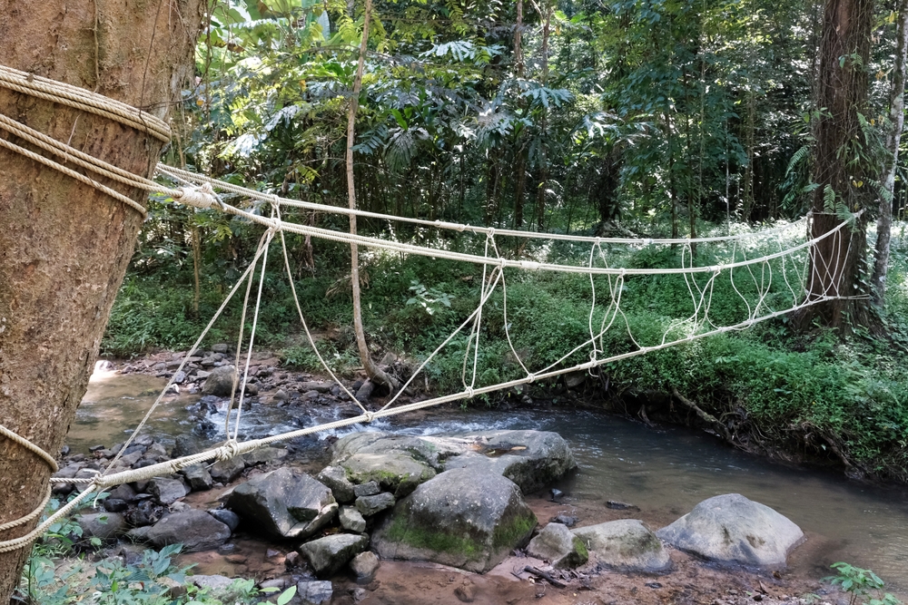 Rope bridge over a stream at Khao Phanom Bencha National Park