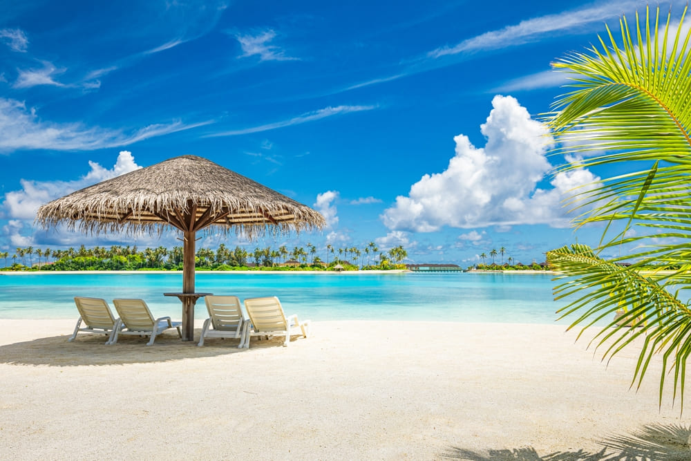 Beach loungers under umbrella on the Maldives beach