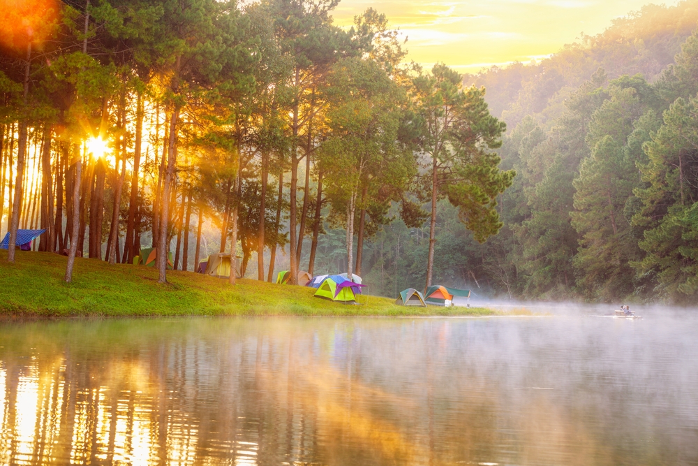 Sun shining through the forest and tents next to the lake in Pang Ung
