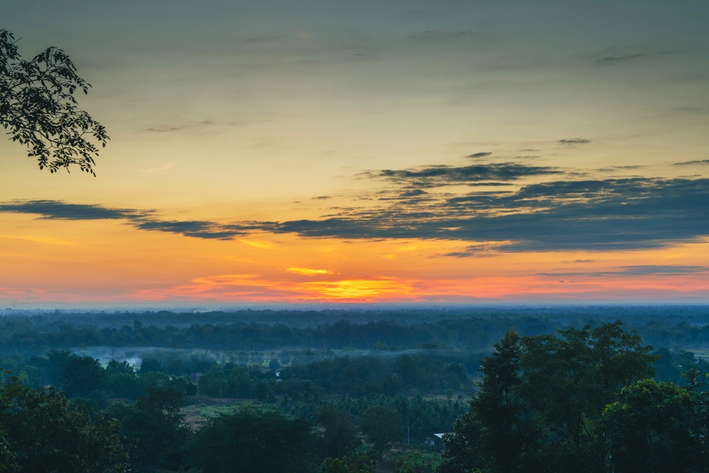 The sunrise view from the hilltop of Wat Saphan Hin, Sukhothai.