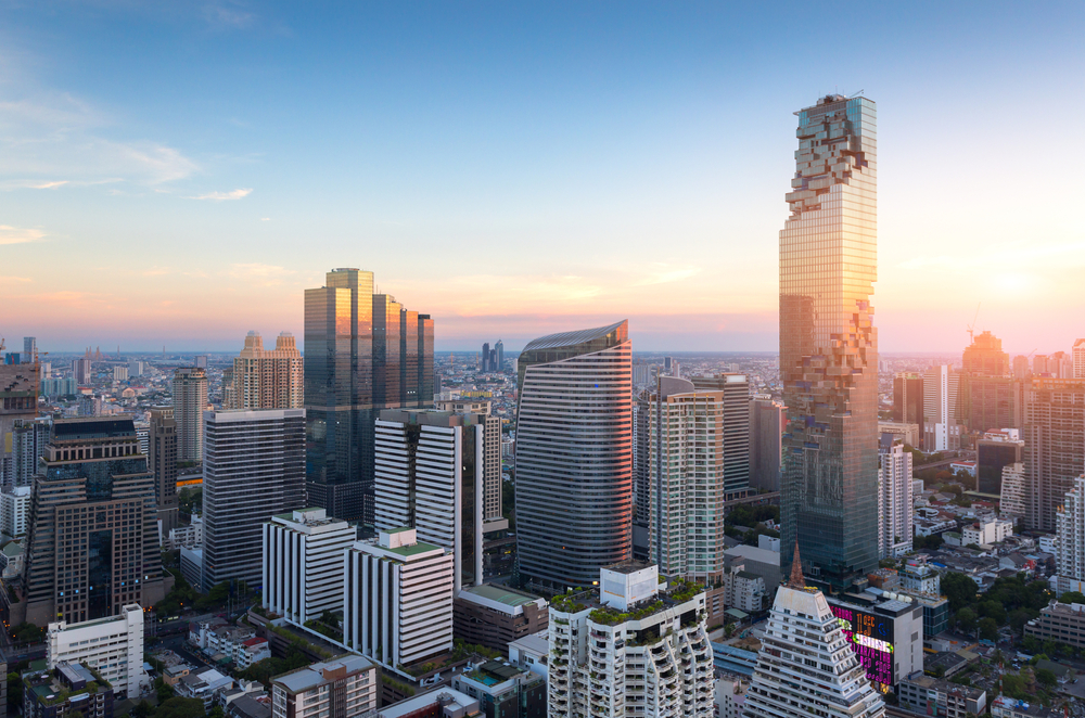 Top view of buildings in Bangkok during sunrise