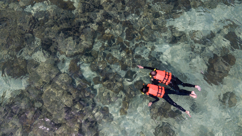 Two people snorkeling in the crystal-clear water of Koh Hey, Phuket