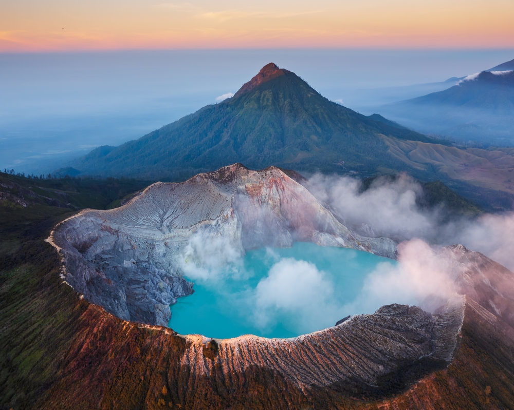 Aerial view of acidic lake at Ijen