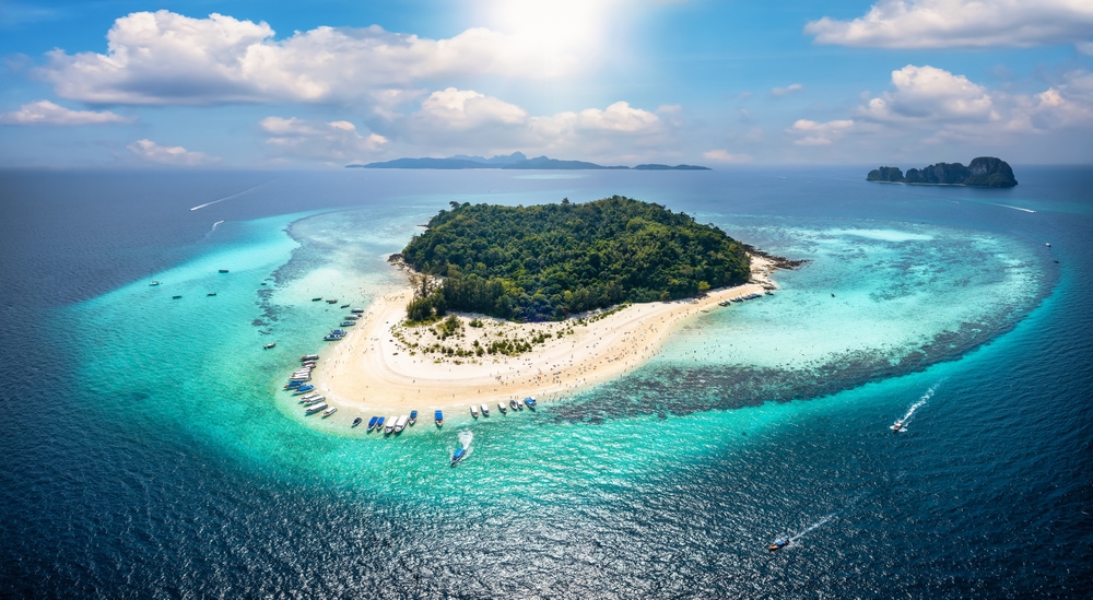 Aerial view of the Bamboo Island surrounded by turquoise seawaters in Krabi, Thailand
