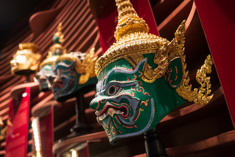 Traditional masks of Thai literature characters at Rattanakosin Exhibition Hall in Bangkok
