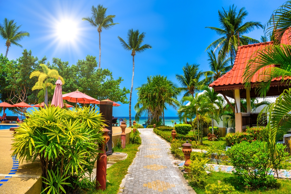 Stone walkway through a lush garden, leading to the ocean on Koh Phangan