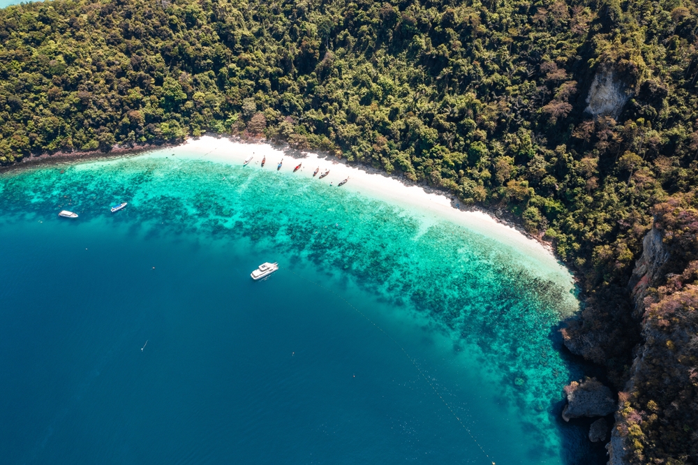 top view of Loh Dalum Bay with lush jungle and crystal-clear waters