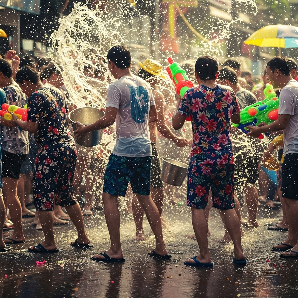 People holding water guns drenched in water during the Songkran water fight