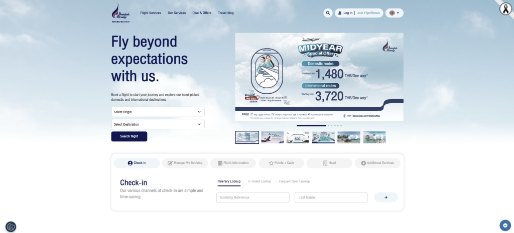 Bangkok Airways website homepage displaying the flight search box and special offer banners.