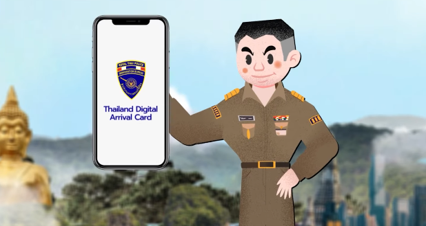Cartoon illustration of a Thai immigration officer holding a smartphone displaying the Thailand Digital Arrival Card (TDAC) screen with the Immigration Bureau logo.