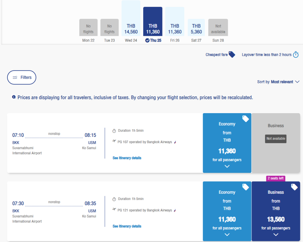 Bangkok Airways online flight booking interface displaying schedules, travel times, and fare comparisons for Bangkok (BKK) to Koh Samui (USM).