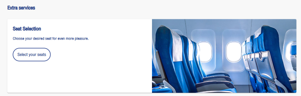 Bangkok Airways online booking option for advance Seat Selection, showing comfortable blue aircraft seats.