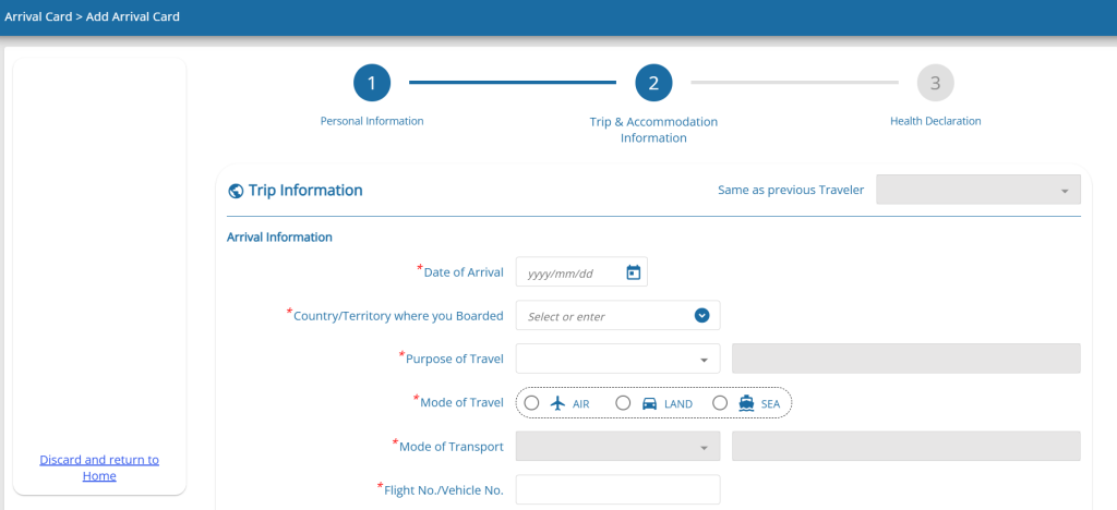 TDAC registration system screenshot for Trip and Accommodation Information