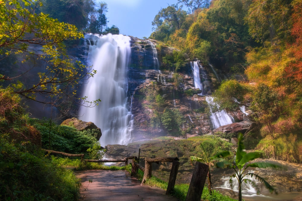 Wachirathan Waterfall in Chiang Mai, a powerful single-tier waterfall in Thailand plunging dramatically into a pool.