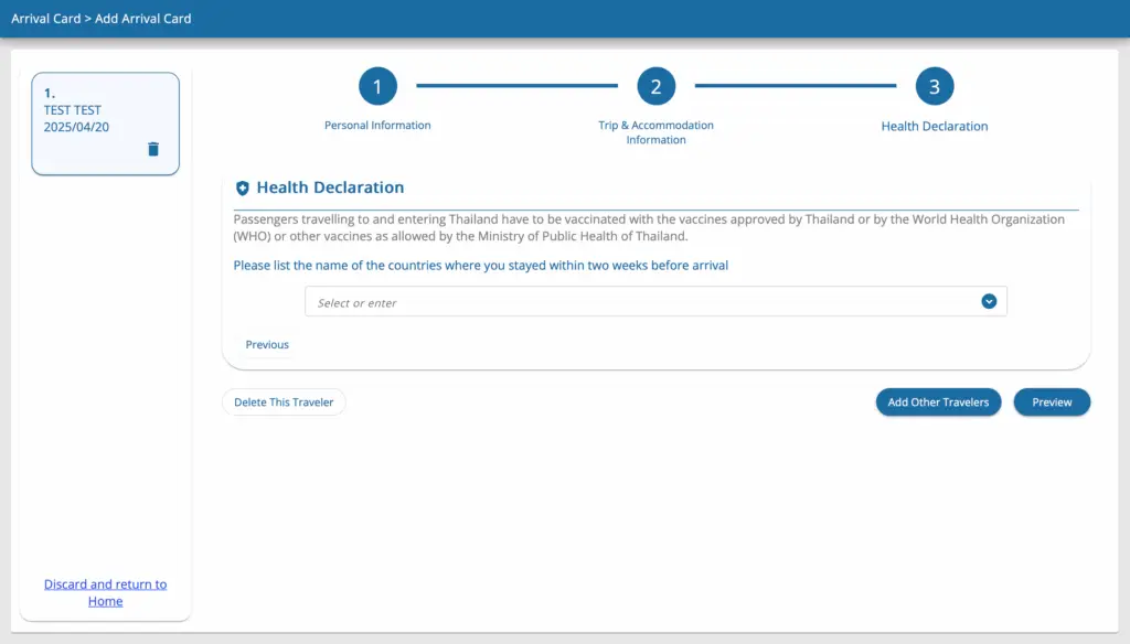 TDAC registration system screenshot for the Online Health Declaration form.