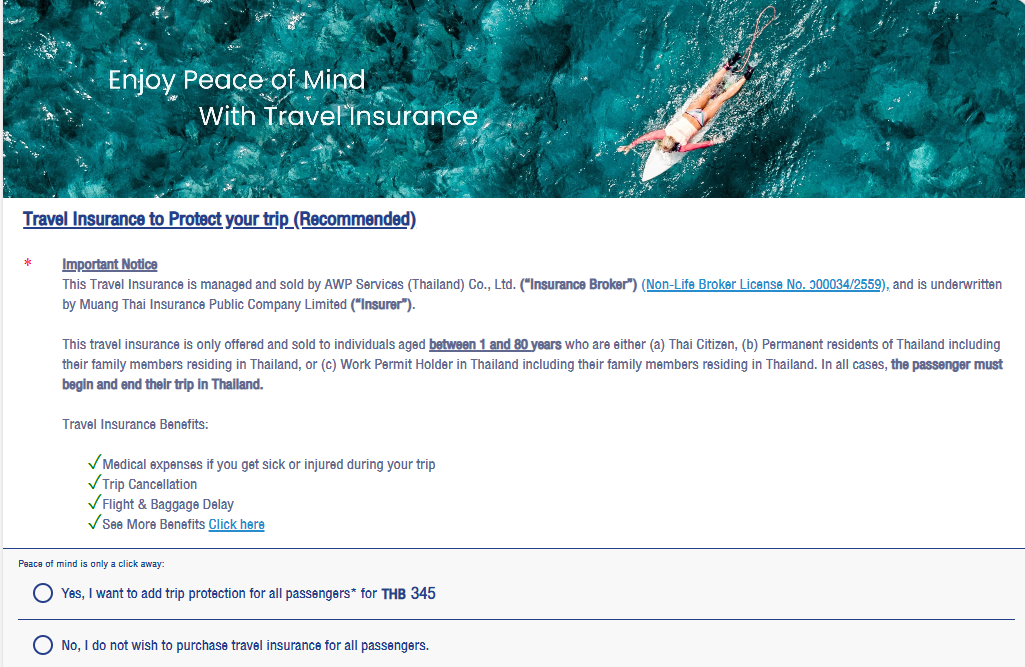 Bangkok Airways online booking section for optional Travel Insurance, displaying coverage benefits, policy terms, and trip protection selection.