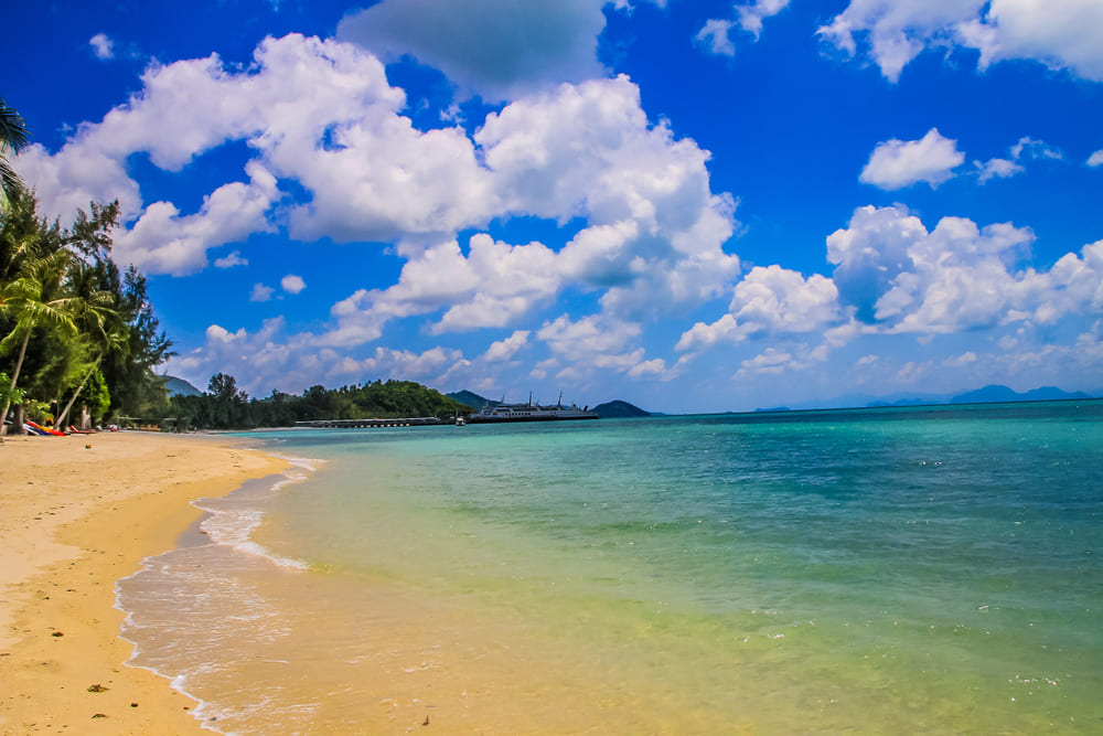 White sandy beach and palm trees in Koh Samui, Thailand