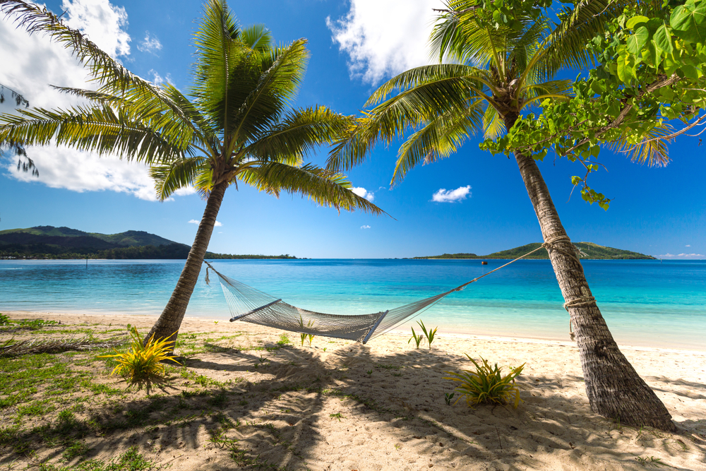 A relaxing beach hammock under palm trees in Fiji, one of the best islands in the world.