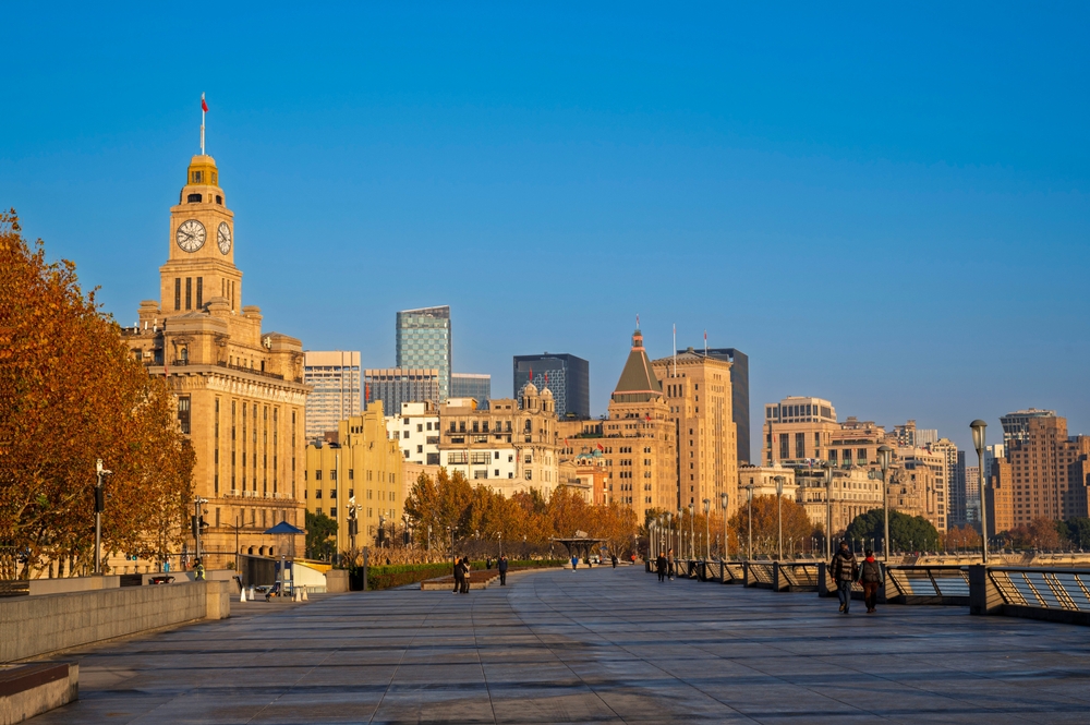 Historic European-style buildings along The Bund in Shanghai.