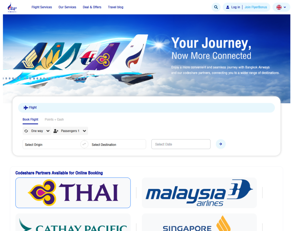 Searching for a Bangkok Airways codeshare flight to global destinations on the website.