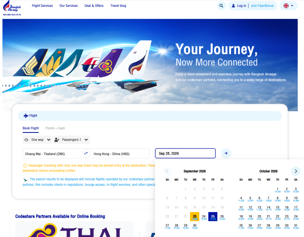 Reviewing available codeshare flight schedules and operating carriers on the Bangkok Airways booking platform.