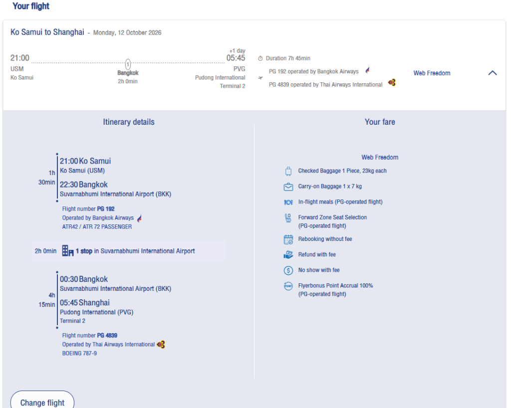 Reviewing codeshare flight itinerary details, connecting airports, and baggage allowances before completing the booking.