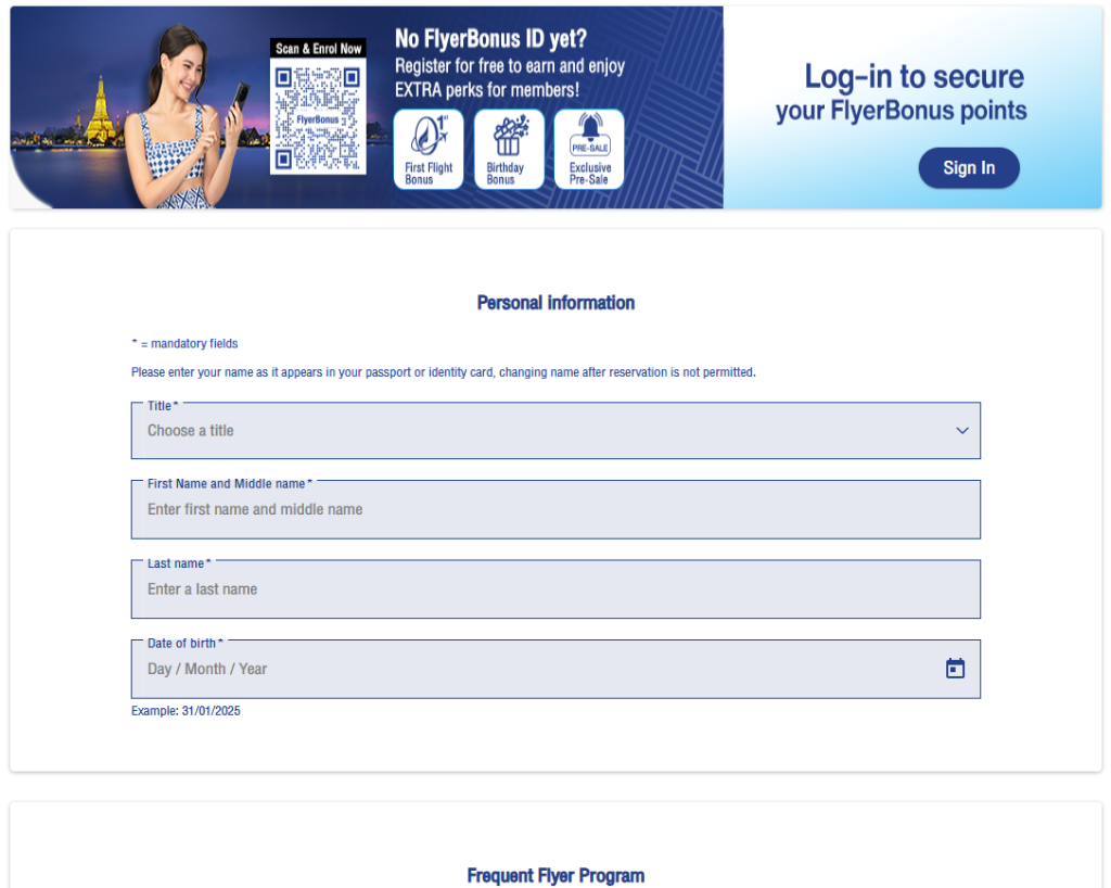 Entering passenger details and FlyerBonus frequent flyer information for a Bangkok Airways codeshare reservation.