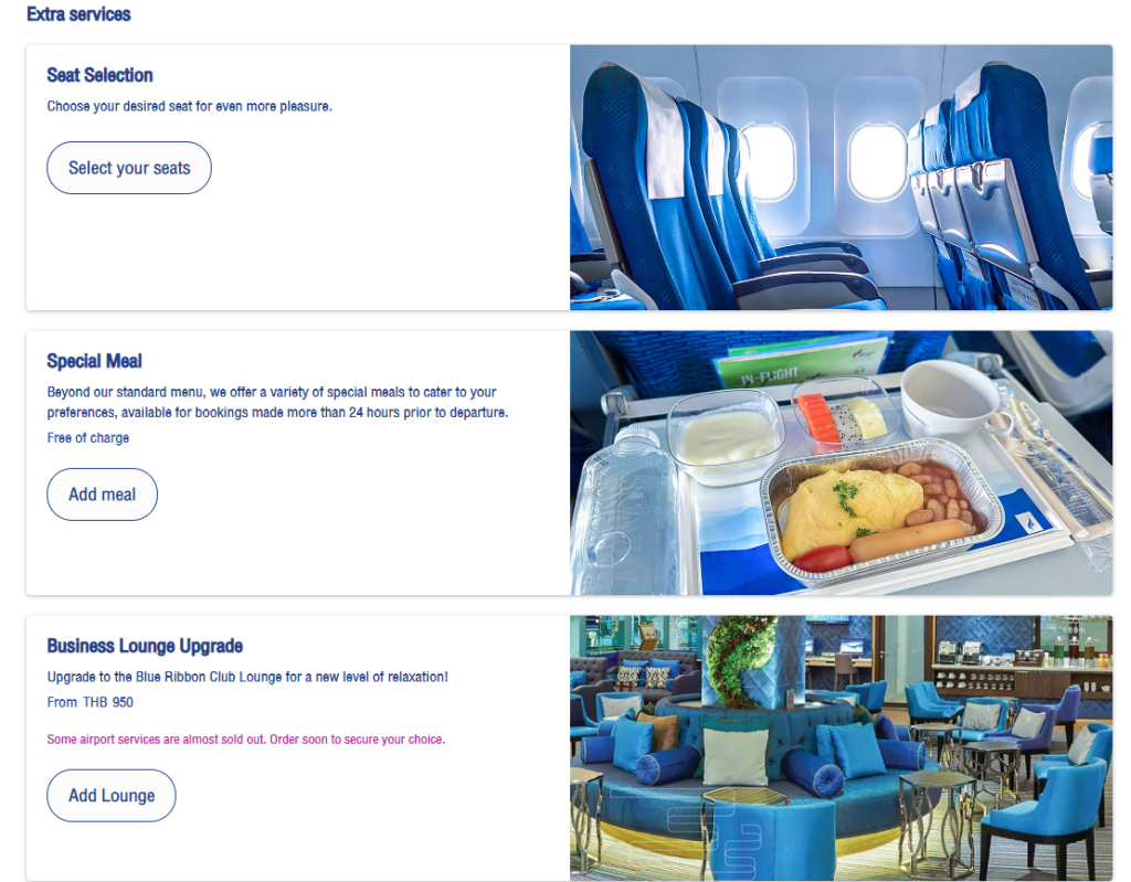 Selecting extra services including advance seat selection, special meals, and business lounge upgrade for a codeshare flight.