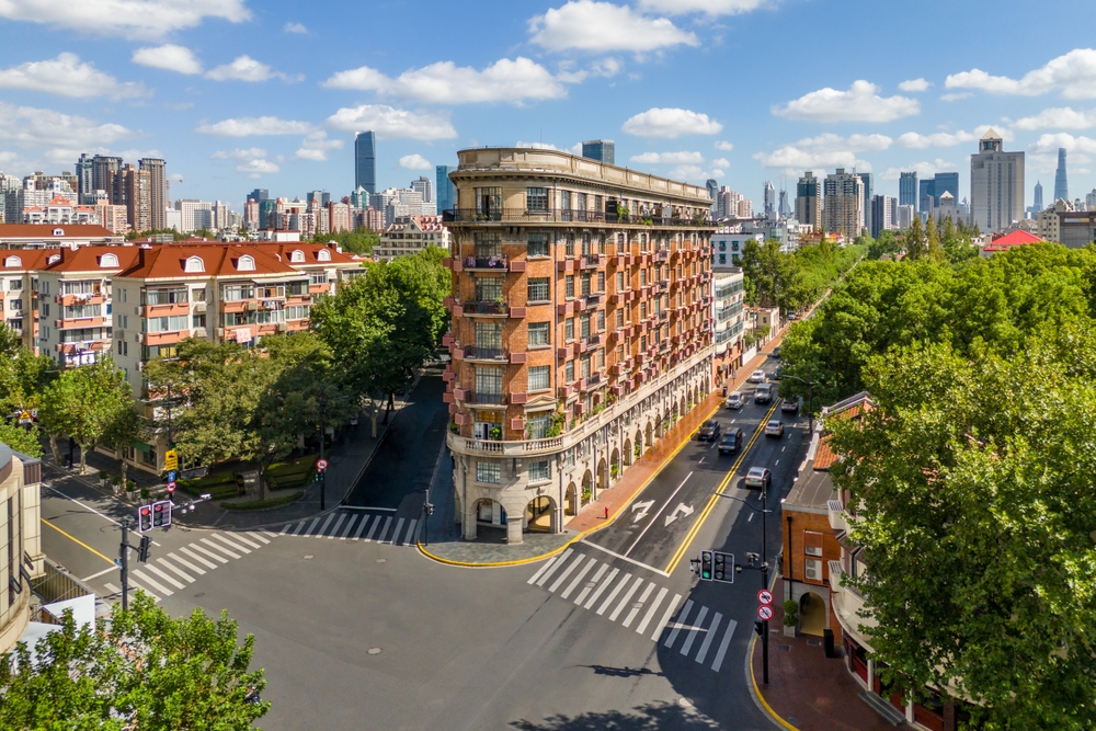 The iconic triangular Wukang Mansion on Wukang Road in Shanghai's Former French Concession.