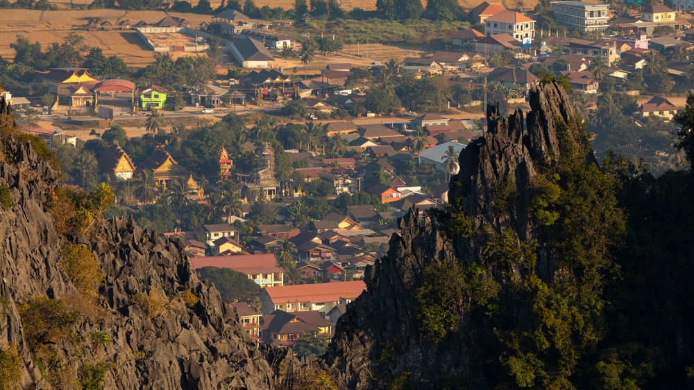 A view from the hiking trail  of the Vang Vieng valley and rugged mountains from Pha Ngern Silver Cliff.
