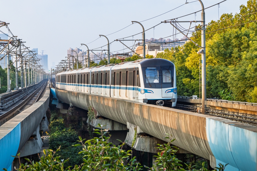 Shanghai Metro train operating on an elevated railway, offering convenient transportation across the city.
