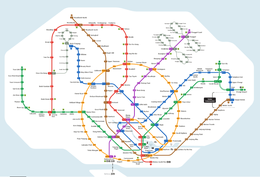 แผนที่เส้นทางรถไฟฟ้าใต้ดิน MRT สิงคโปร์ แสดงเครือข่ายสถานีและการเชื่อมต่อทุกสาย ครอบคลุมสถานที่ท่องเที่ยวสำคัญทั่วประเทศ